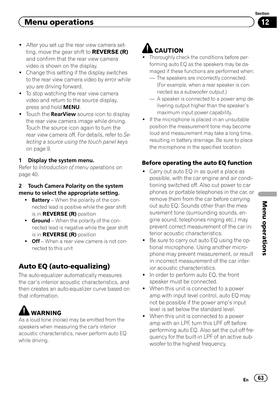 Menu operations, Auto eq (auto-equalizing) | Pioneer AVH-P5200BT User Manual | Page 63 / 92