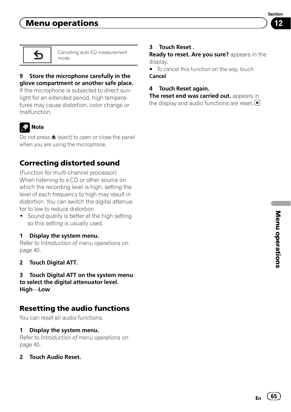 Menu operations, Correcting distorted sound, Resetting the audio functions | Pioneer AVH-P5200BT User Manual | Page 65 / 92