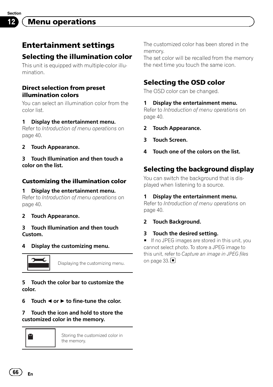 Entertainment settings, 12 menu operations, Selecting the illumination color | Selecting the osd color, Selecting the background display | Pioneer AVH-P5200BT User Manual | Page 66 / 92