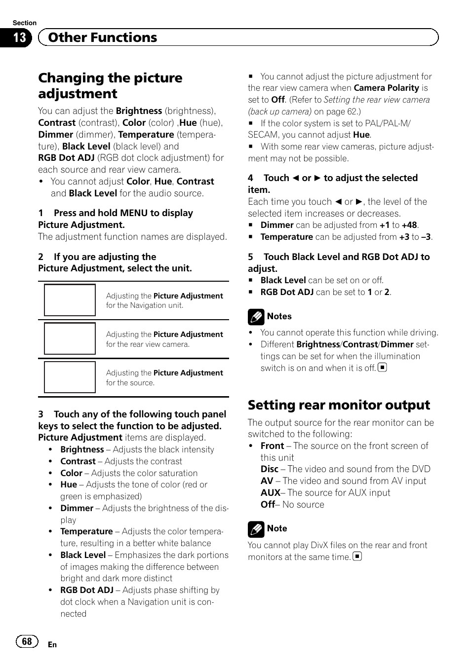 Other functions changing the picture adjustment, Setting rear monitor output, Changing the picture adjustment | Navi, Rear view, Source, 13 other functions | Pioneer AVH-P5200BT User Manual | Page 68 / 92