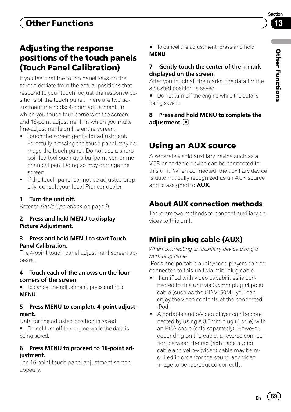 Adjusting the response positions of the, Touch panels (touch panel calibration), Using an aux source | Other functions | Pioneer AVH-P5200BT User Manual | Page 69 / 92