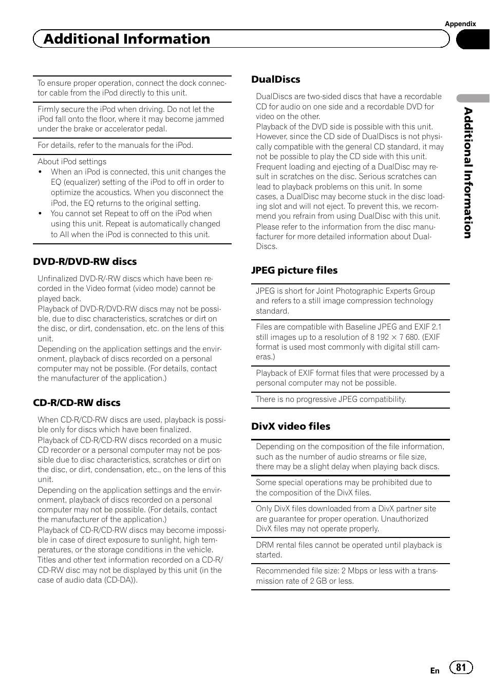 Additional information | Pioneer AVH-P5200BT User Manual | Page 81 / 92