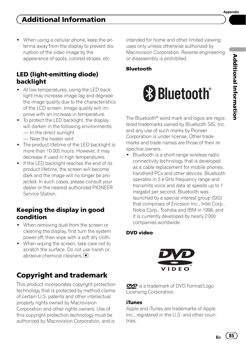 Copyright and trademark, Additional information, Led (light-emitting diode) backlight | Keeping the display in good condition | Pioneer AVH-P5200BT User Manual | Page 85 / 92