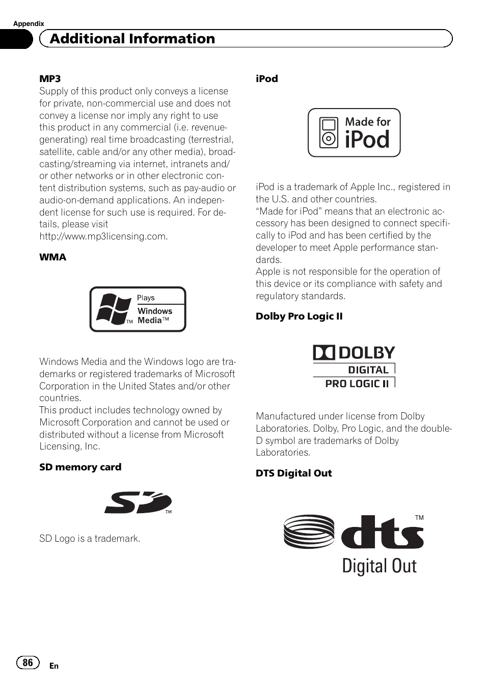 Additional information | Pioneer AVH-P5200BT User Manual | Page 86 / 92