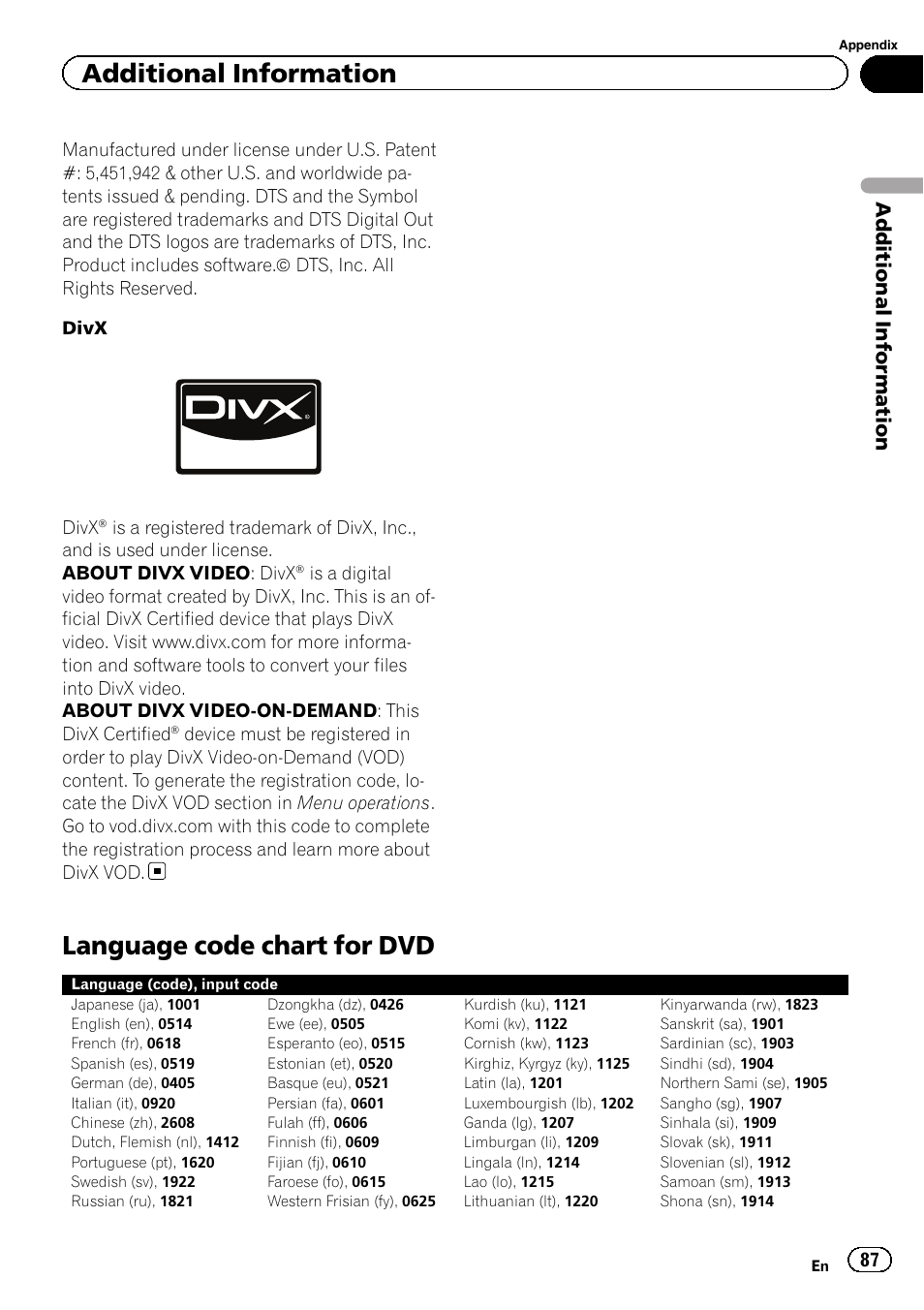 Language code chart for dvd, Additional information | Pioneer AVH-P5200BT User Manual | Page 87 / 92