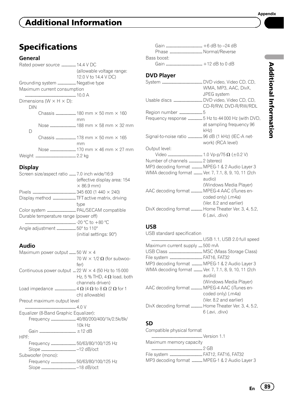 Specifications, Additional information | Pioneer AVH-P5200BT User Manual | Page 89 / 92