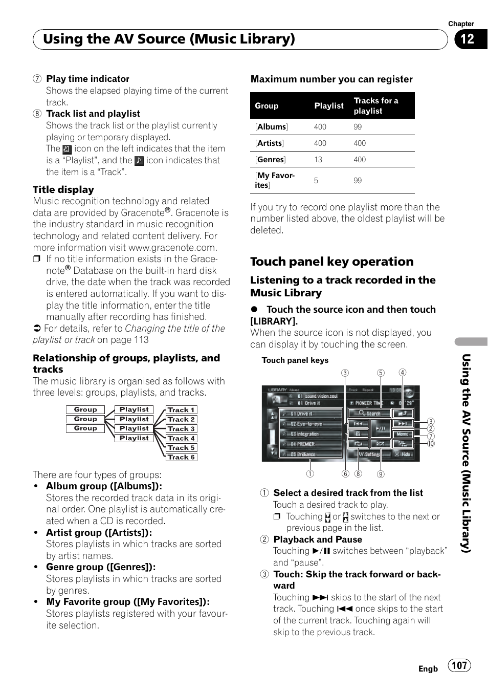 Touch panel key operation 107, Using the av source (music library), Touch panel key operation | Using the a v source (music library) | Pioneer AVIC-HD3-II User Manual | Page 107 / 193