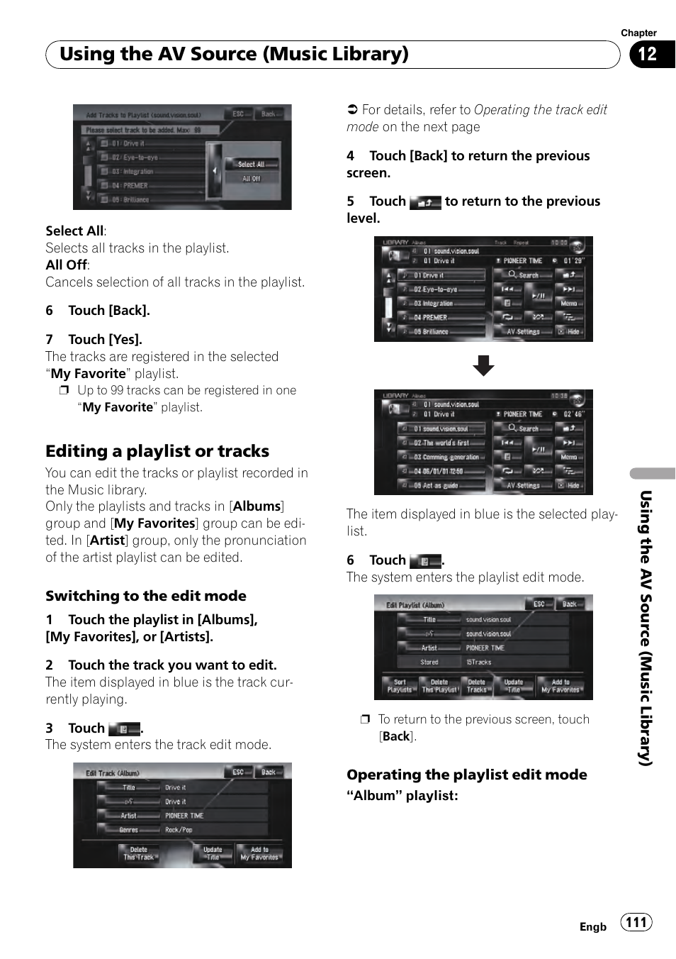 Editing a playlist or tracks 111, Editing, Using the av source (music library) | Editing a playlist or tracks | Pioneer AVIC-HD3-II User Manual | Page 111 / 193