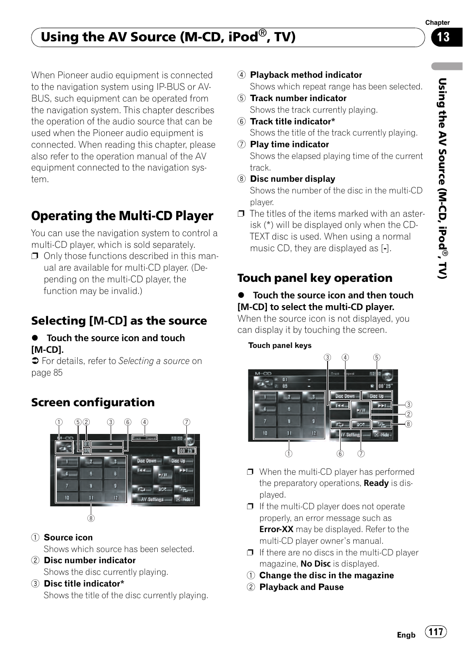 Selecting [m-cd] as the source 117, Screen configuration 117, Touch panel key operation 117 | Operating the multi-cd player, Using the av source (m-cd, ipod, Selecting [m-cd] as the source, Screen configuration, Touch panel key operation | Pioneer AVIC-HD3-II User Manual | Page 117 / 193