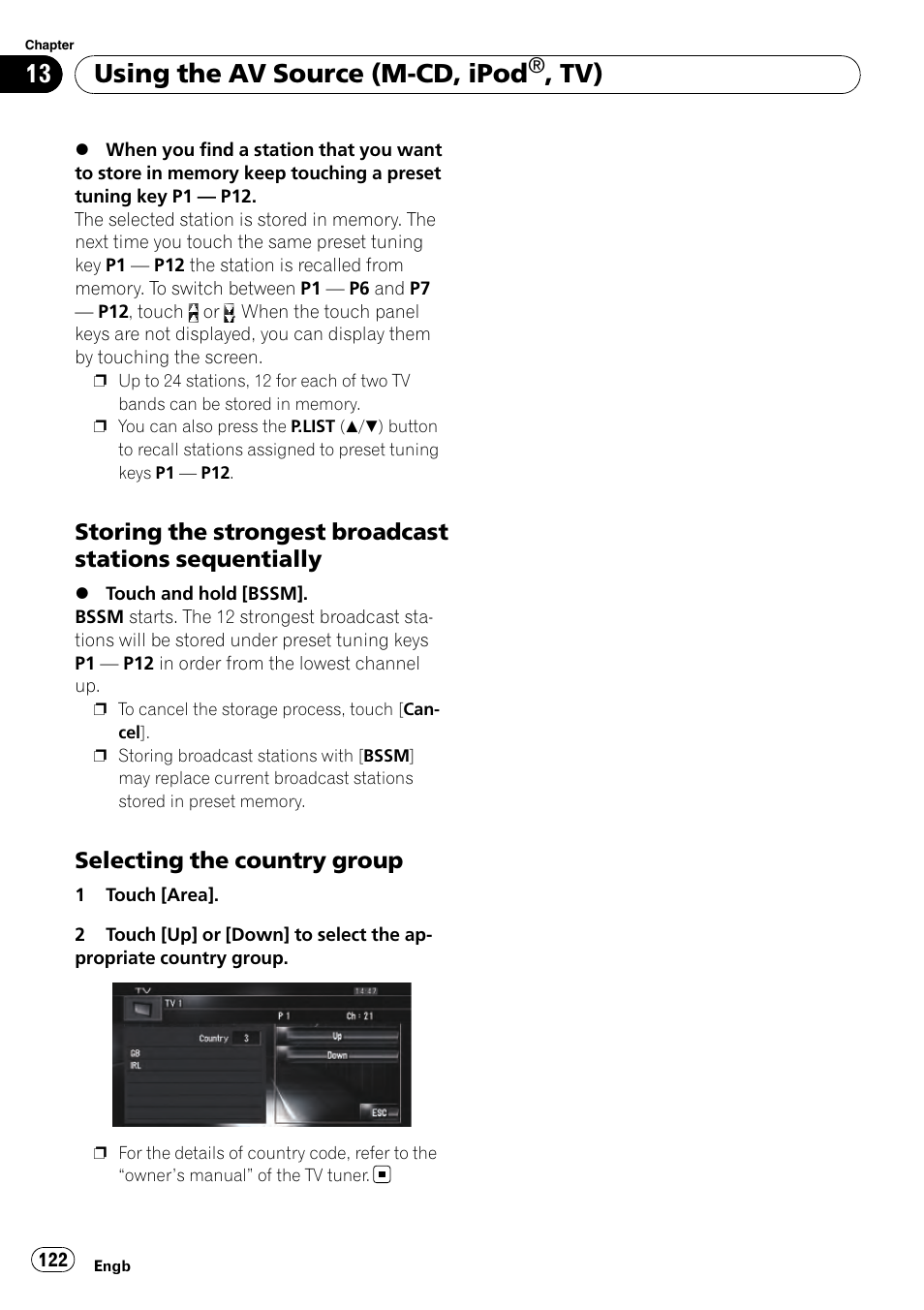 Storing the strongest broadcast, Stations sequentially, Selecting the country group 122 | Using the av source (m-cd, ipod, Selecting the country group | Pioneer AVIC-HD3-II User Manual | Page 122 / 193