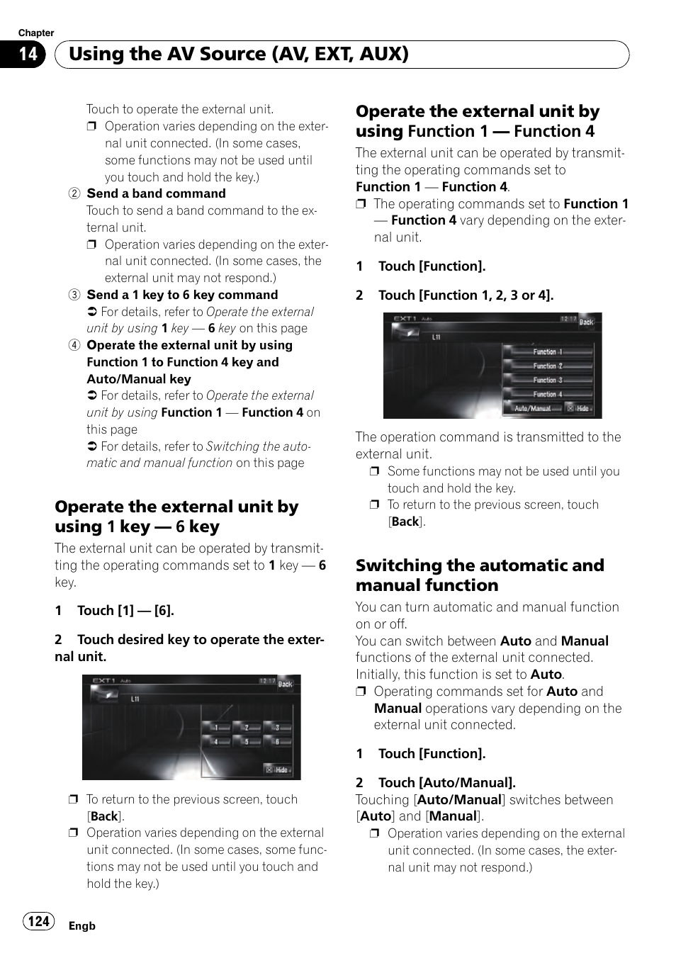 Operate the external unit by using 1 key, 6 key 124, Operate the external unit by using | Function 1, Function 4 124, Switching the automatic and manual, Function, Using the av source (av, ext, aux), Operate the external unit by using 1 key — 6 key, Switching the automatic and manual function | Pioneer AVIC-HD3-II User Manual | Page 124 / 193