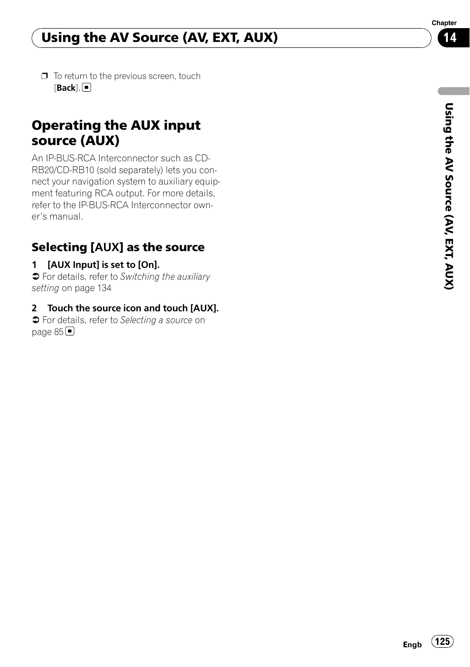 Operating the aux input source (aux), Selecting [aux] as the source 125, Using the av source (av, ext, aux) | Pioneer AVIC-HD3-II User Manual | Page 125 / 193