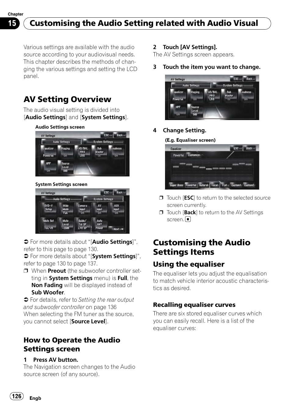 How to operate the audio settings, Screen, Customising the audio settings items | Using the equaliser 126, Av setting overview, How to operate the audio settings screen, Using the equaliser | Pioneer AVIC-HD3-II User Manual | Page 126 / 193