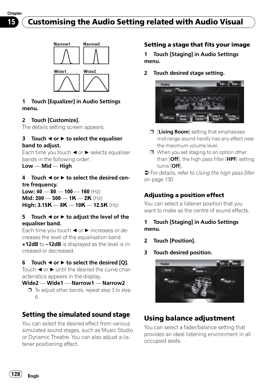 Setting the simulated sound, Stage, Using balance adjustment 128 | Setting the simulated sound stage, Using balance adjustment | Pioneer AVIC-HD3-II User Manual | Page 128 / 193