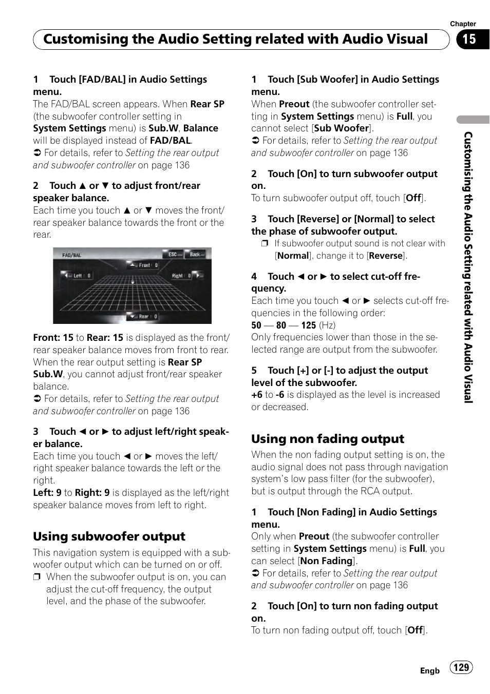 Using subwoofer output 129, Using non fading output 129, Using subwoofer output | Using non fading output | Pioneer AVIC-HD3-II User Manual | Page 129 / 193