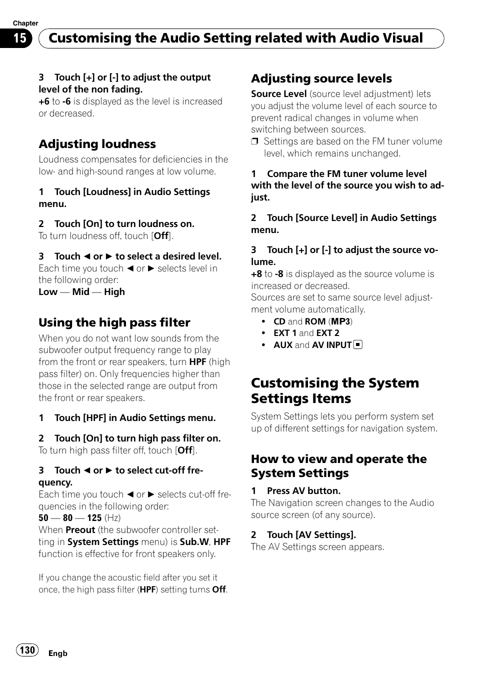 Adjusting loudness 130, Using the high pass filter 130, Adjusting source levels 130 | Customising the system settings items, How to view and operate the system, Settings, Adjusting loudness, Using the high pass filter, Adjusting source levels, How to view and operate the system settings | Pioneer AVIC-HD3-II User Manual | Page 130 / 193