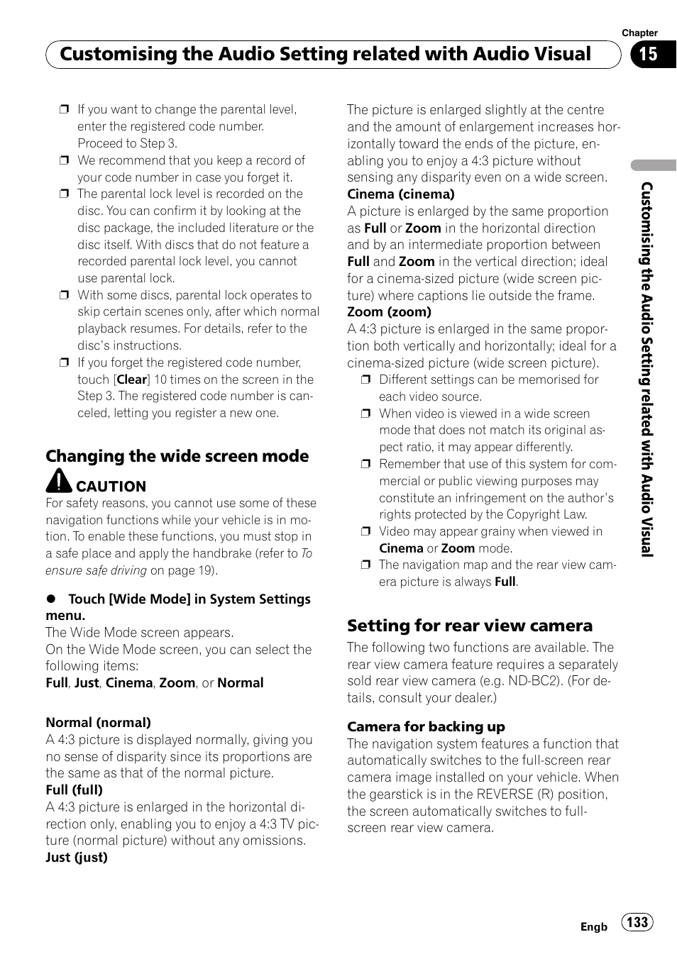 Changing the wide screen mode 133, Setting for rear view camera 133, Changing the wide screen mode | Setting for rear view camera | Pioneer AVIC-HD3-II User Manual | Page 133 / 193