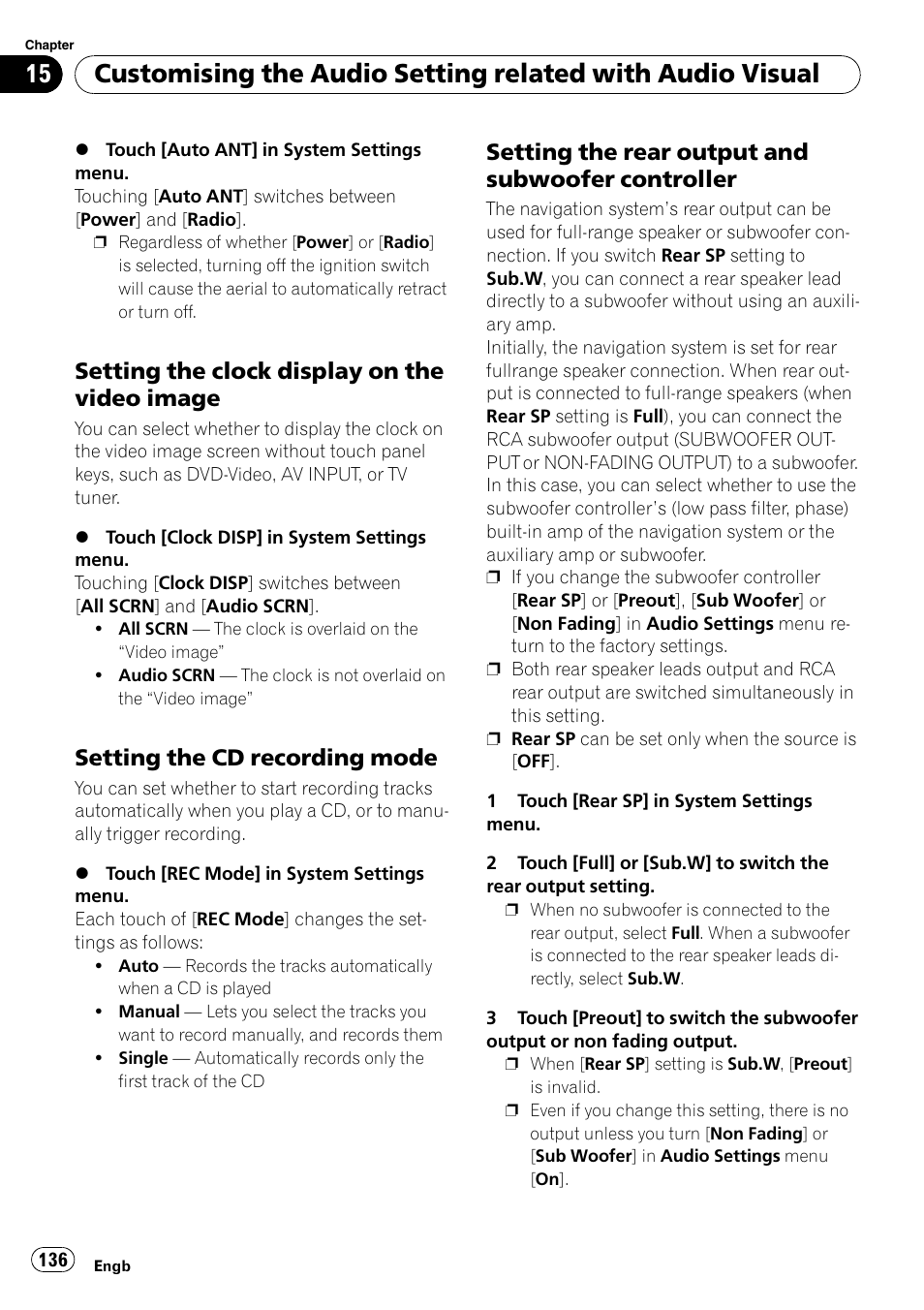 Setting the clock display on the video, Image, Setting the cd recording mode 136 | Setting the rear output and subwoofer, Controller, Setting the cd, Setting the clock display on the video image, Setting the cd recording mode, Setting the rear output and subwoofer controller | Pioneer AVIC-HD3-II User Manual | Page 136 / 193