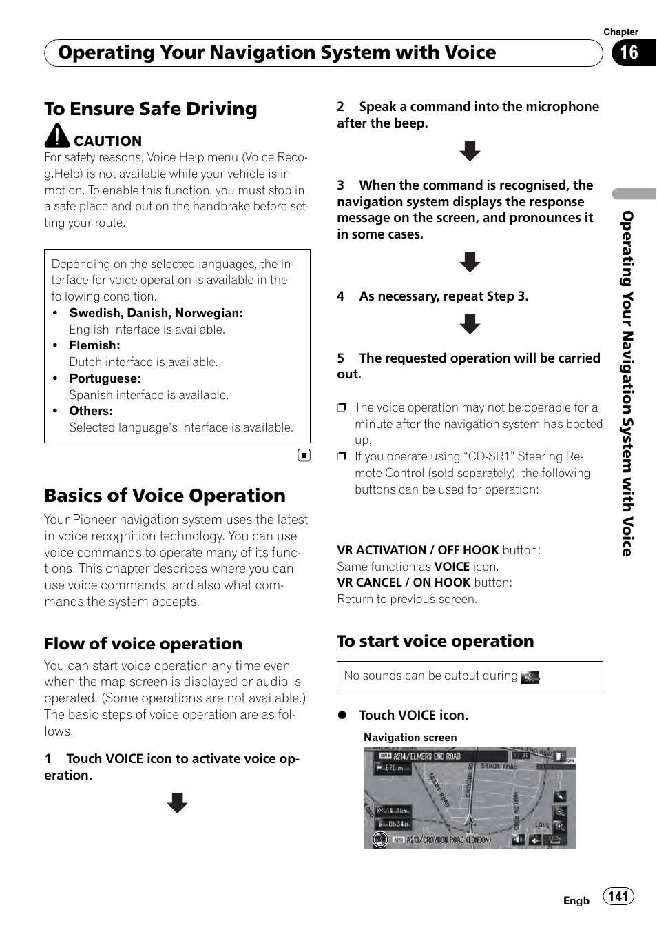 Basics of voice operation, Flow of voice operation 141, To start voice operation 141 | Chapter 16, Operating your navigation system with voice, Flow of voice operation | Pioneer AVIC-HD3-II User Manual | Page 141 / 193