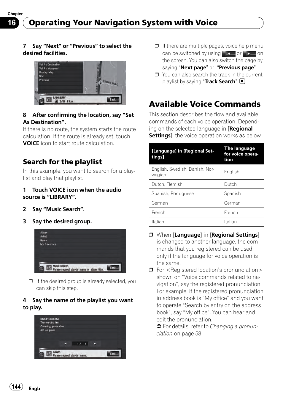 Search for the playlist 144, Available voice commands, Operating your navigation system with voice | Search for the playlist | Pioneer AVIC-HD3-II User Manual | Page 144 / 193