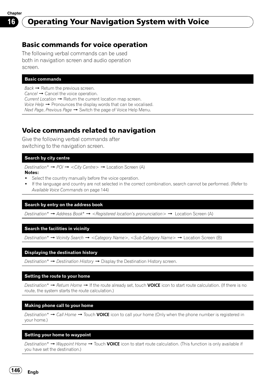 Basic commands for voice, Operation, Voice commands related to | Navigation, Operating your navigation system with voice, Basic commands for voice operation, Voice commands related to navigation | Pioneer AVIC-HD3-II User Manual | Page 146 / 193