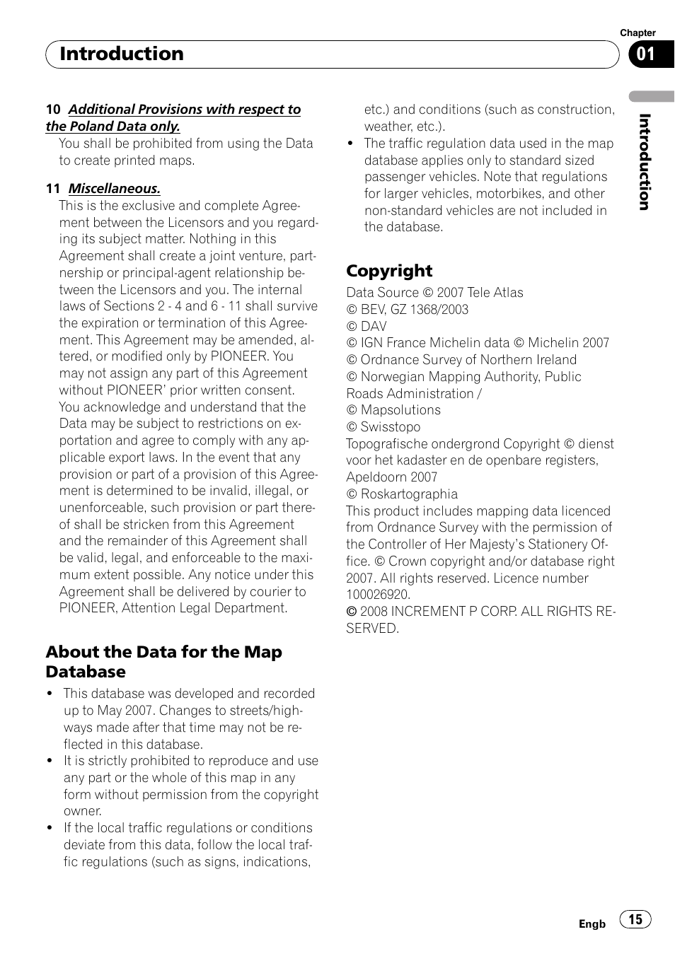 About the data for the map, Database, Copyright 15 | Copyright on, Introduction | Pioneer AVIC-HD3-II User Manual | Page 15 / 193