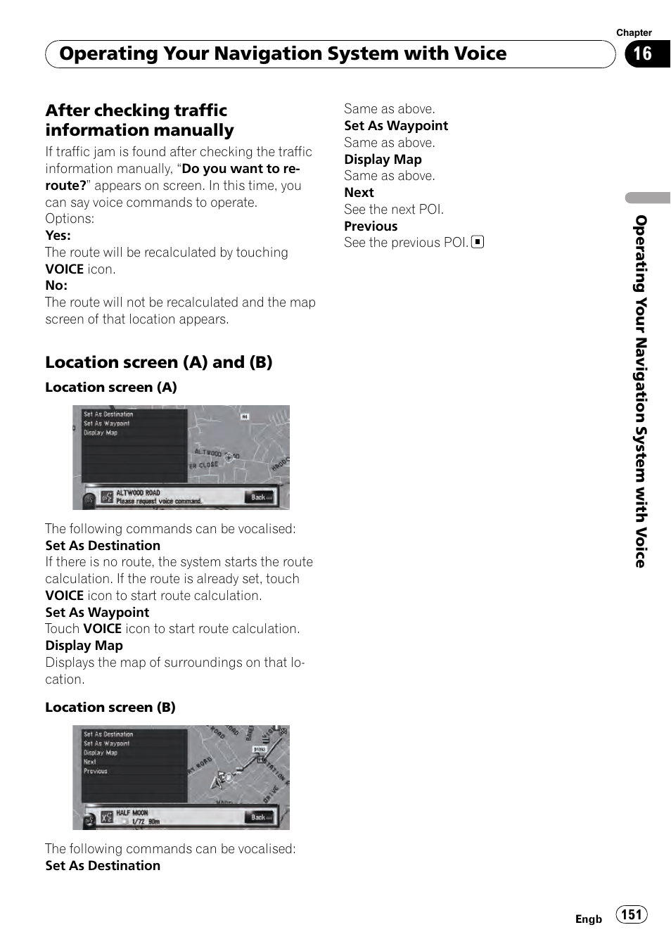 After checking traffic information, Manually, Location screen (a) and (b) 151 | Location screen (a) and (b), Operating your navigation system with voice | Pioneer AVIC-HD3-II User Manual | Page 151 / 193