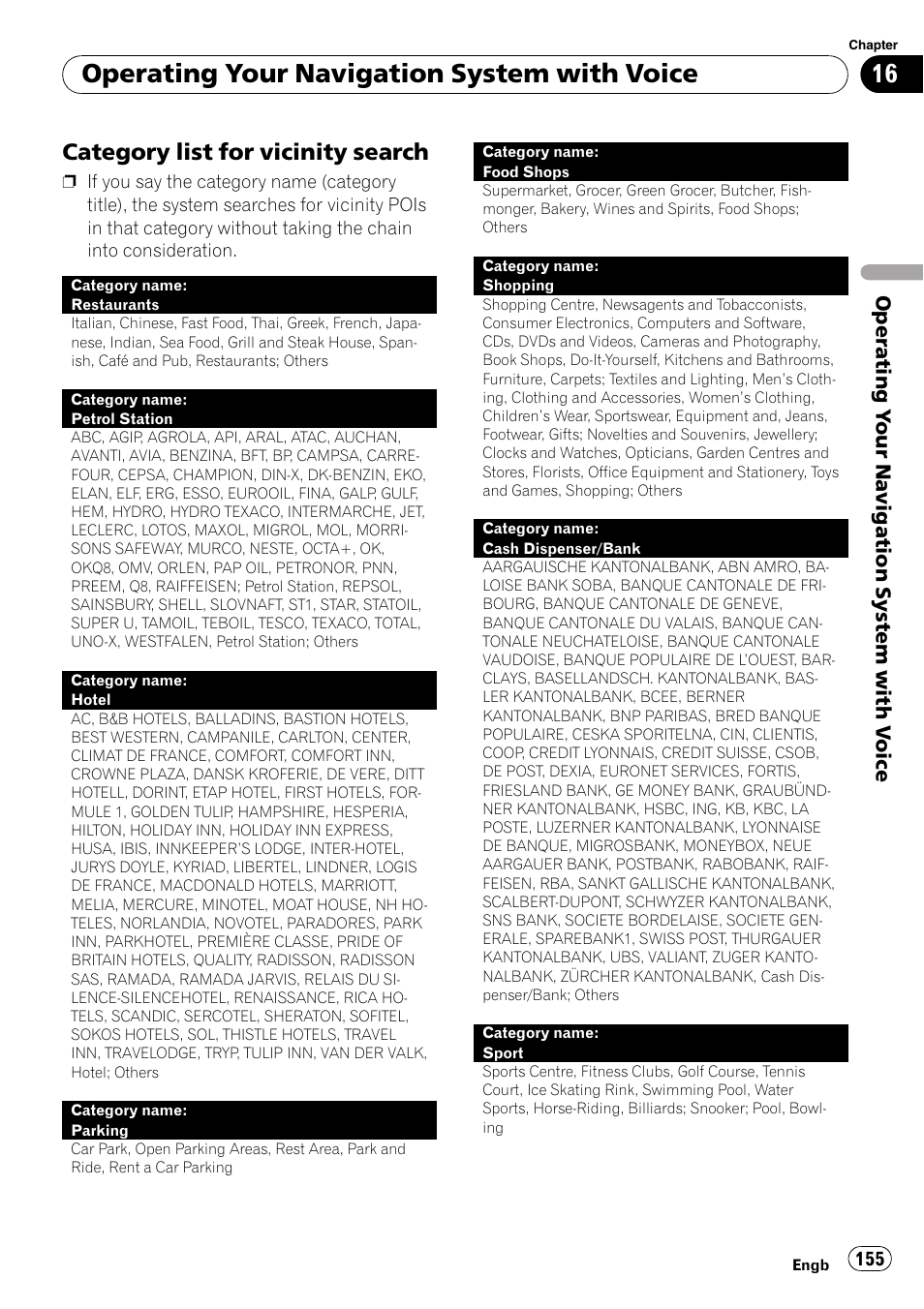 Category list for vicinity search 155, Category list for vicinity, Search | Operating your navigation system with voice, Category list for vicinity search, Operating y our navigation system with v oice | Pioneer AVIC-HD3-II User Manual | Page 155 / 193