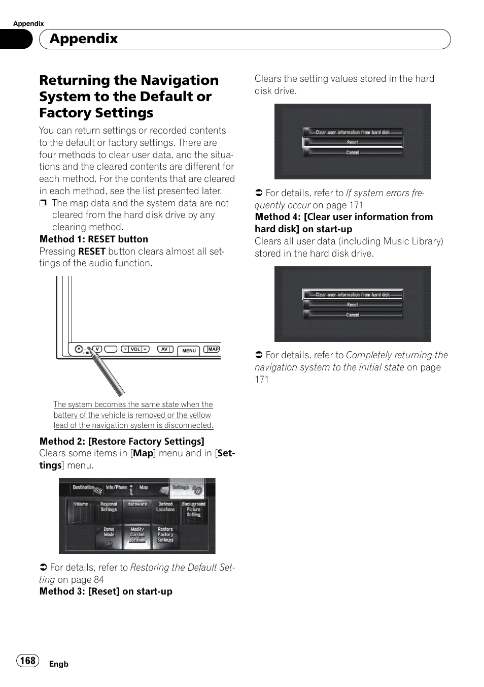 Returning the navigation system to the, Default or factory settings, Appendix | Pioneer AVIC-HD3-II User Manual | Page 168 / 193