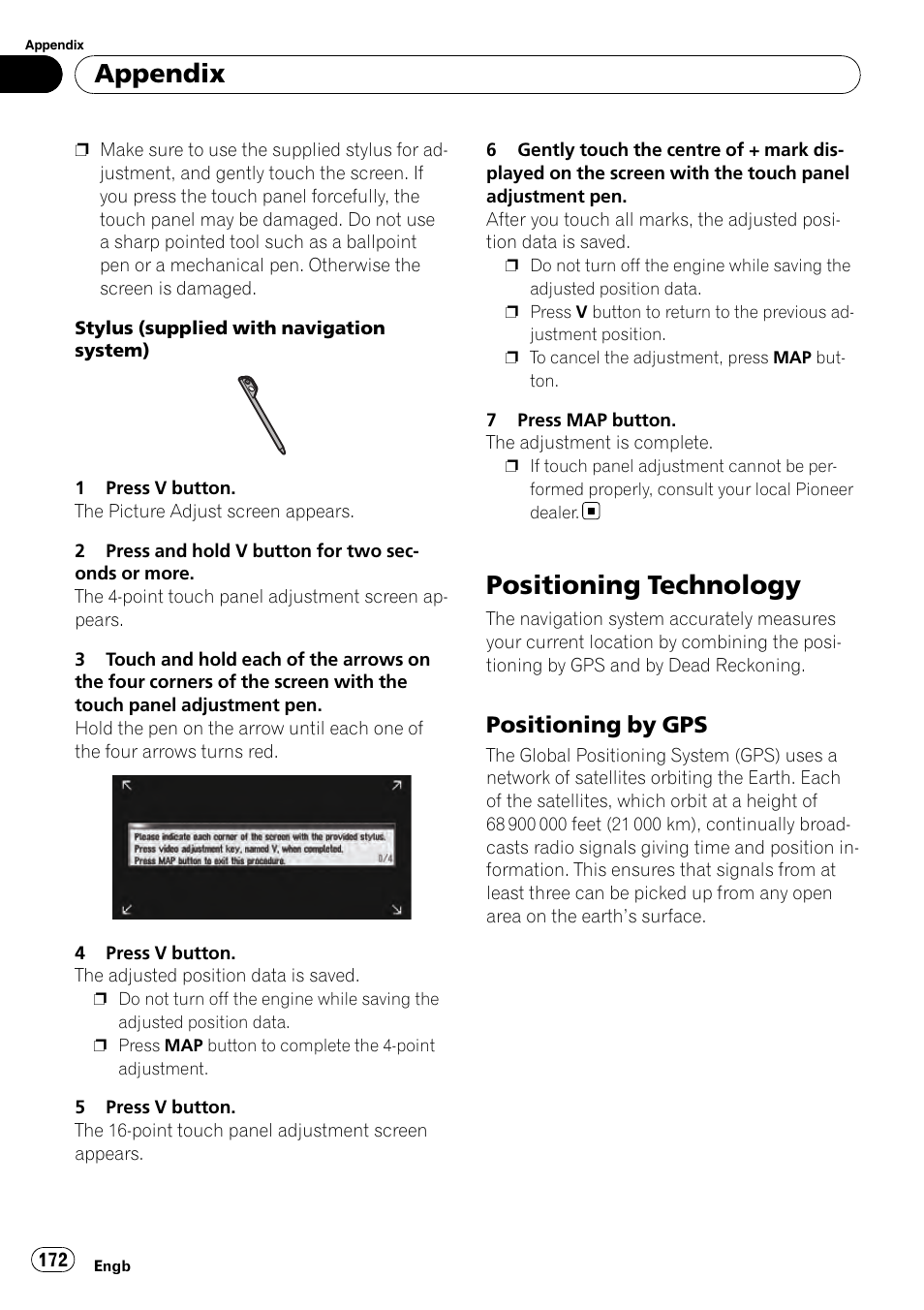 Positioning technology, Positioning by gps 172, Appendix | Positioning by gps | Pioneer AVIC-HD3-II User Manual | Page 172 / 193