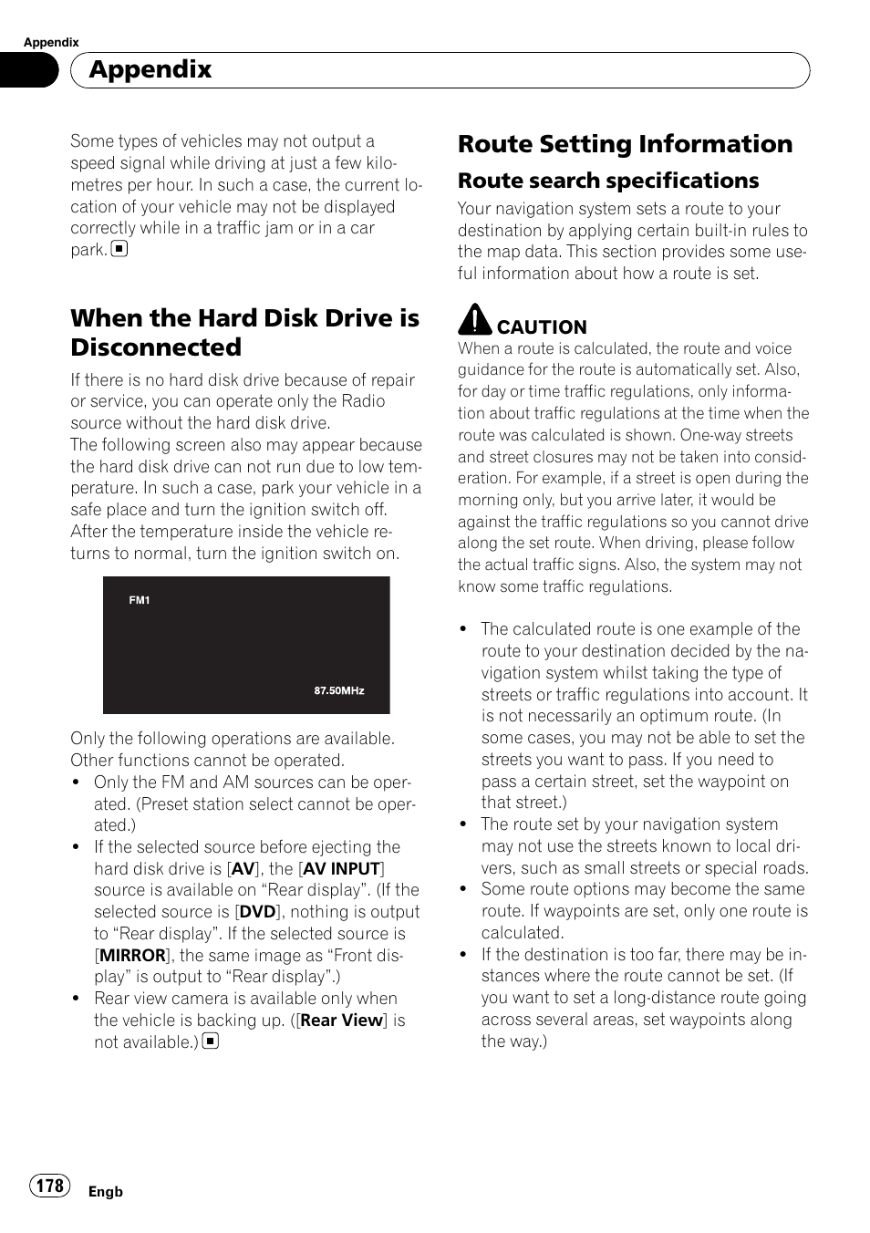 When the hard disk drive is, Disconnected, Route setting information | Route search specifications 178, When the hard disk drive is disconnected, Appendix, Route search specifications | Pioneer AVIC-HD3-II User Manual | Page 178 / 193
