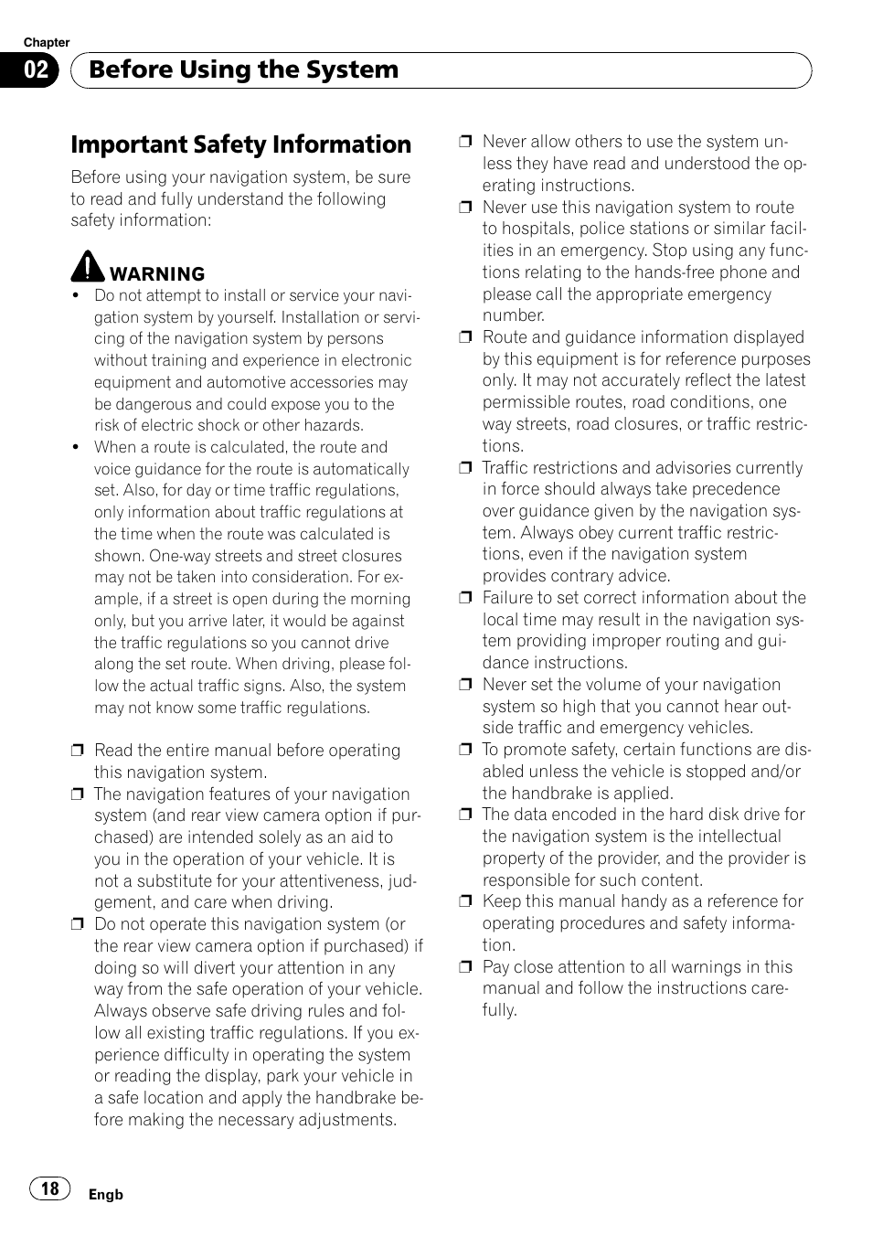Important safety information, Before using the system | Pioneer AVIC-HD3-II User Manual | Page 18 / 193