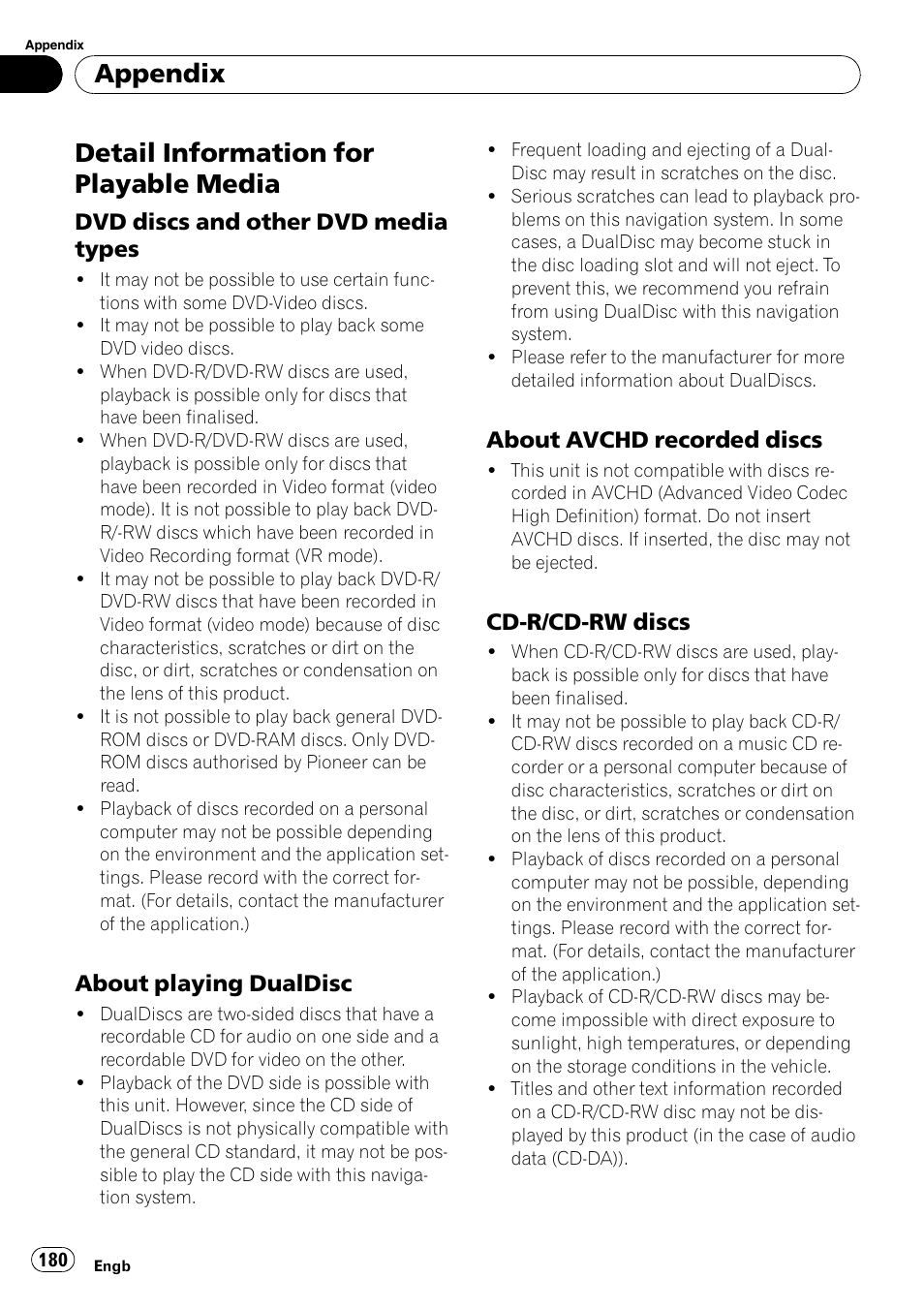 Detail information for playable media, Dvd discs and other dvd media, Types | About playing dualdisc 180, About avchd recorded discs 180, Cd-r/cd-rw discs 180, Detail infor, Detail information, Appendix, Dvd discs and other dvd media types | Pioneer AVIC-HD3-II User Manual | Page 180 / 193