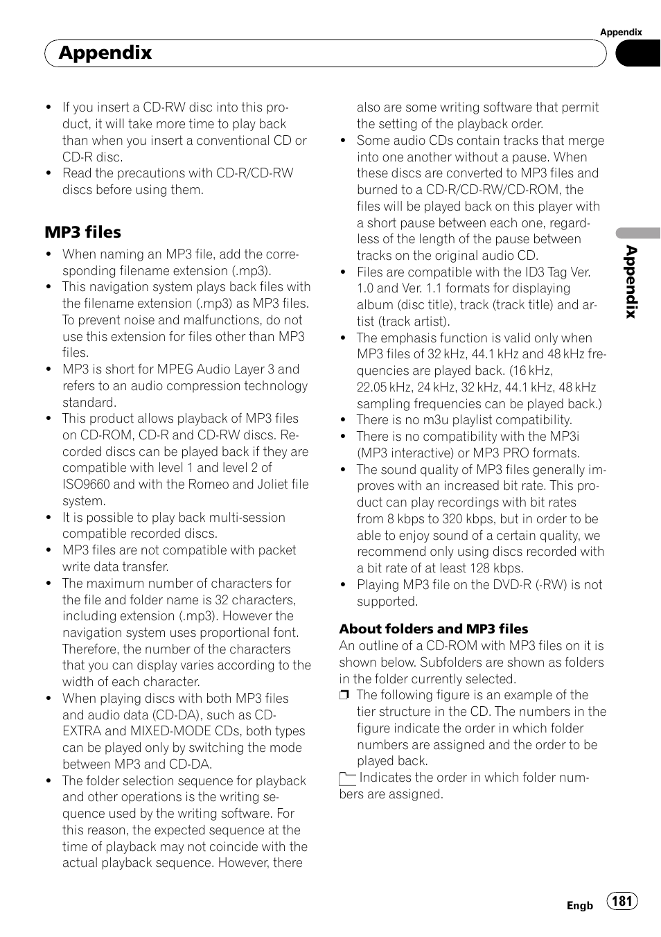 Mp3 files 181, Appendix, Mp3 files | Pioneer AVIC-HD3-II User Manual | Page 181 / 193