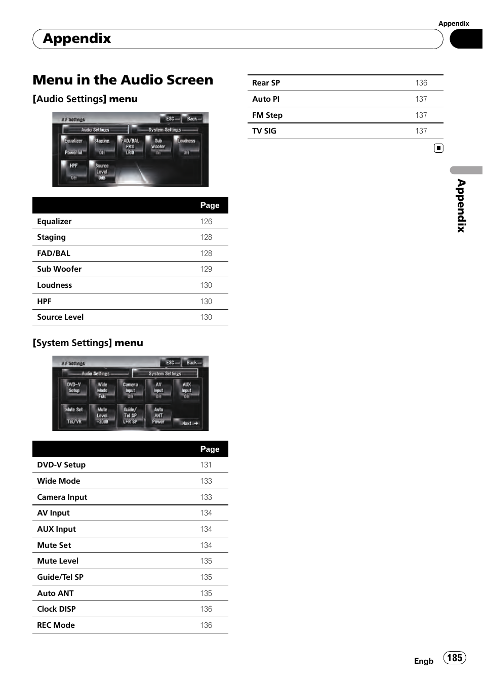 Menu in the audio screen, Appendix | Pioneer AVIC-HD3-II User Manual | Page 185 / 193