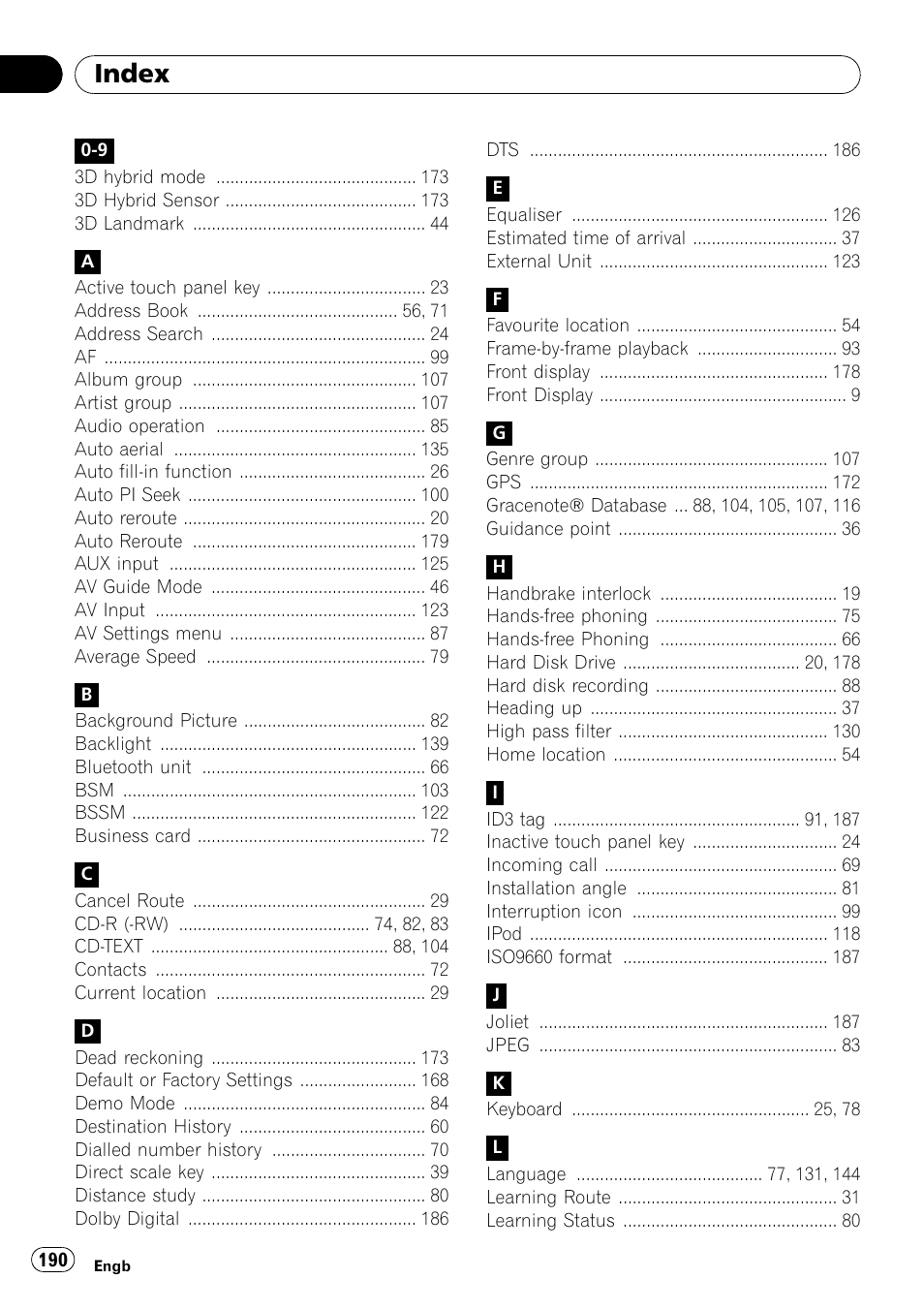 Index | Pioneer AVIC-HD3-II User Manual | Page 190 / 193