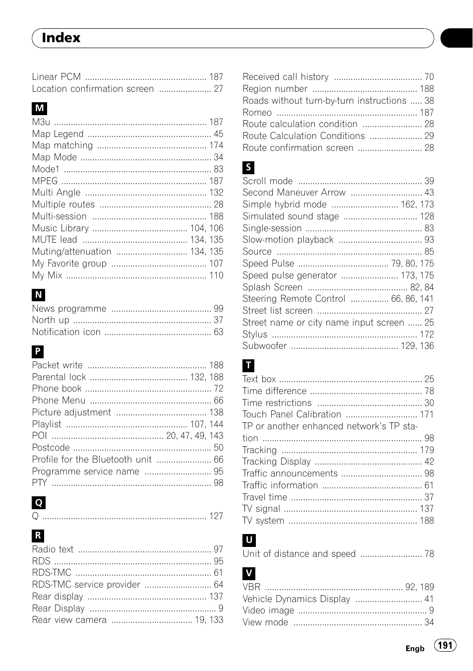 Index | Pioneer AVIC-HD3-II User Manual | Page 191 / 193