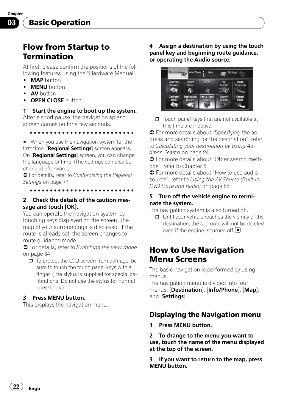 Basic operation flow from startup to termination, How to use navigation menu screens, Displaying the navigation menu 22 | Flow from startup to termination, Basic operation, Displaying the navigation menu | Pioneer AVIC-HD3-II User Manual | Page 22 / 193