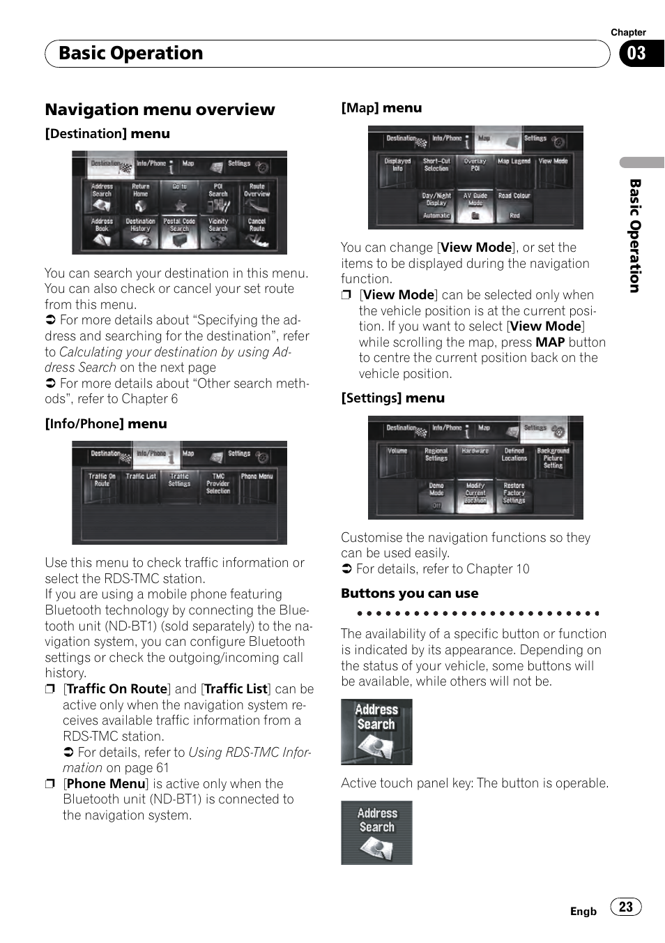 Navigation menu overview 23, Basic operation, Navigation menu overview | Pioneer AVIC-HD3-II User Manual | Page 23 / 193