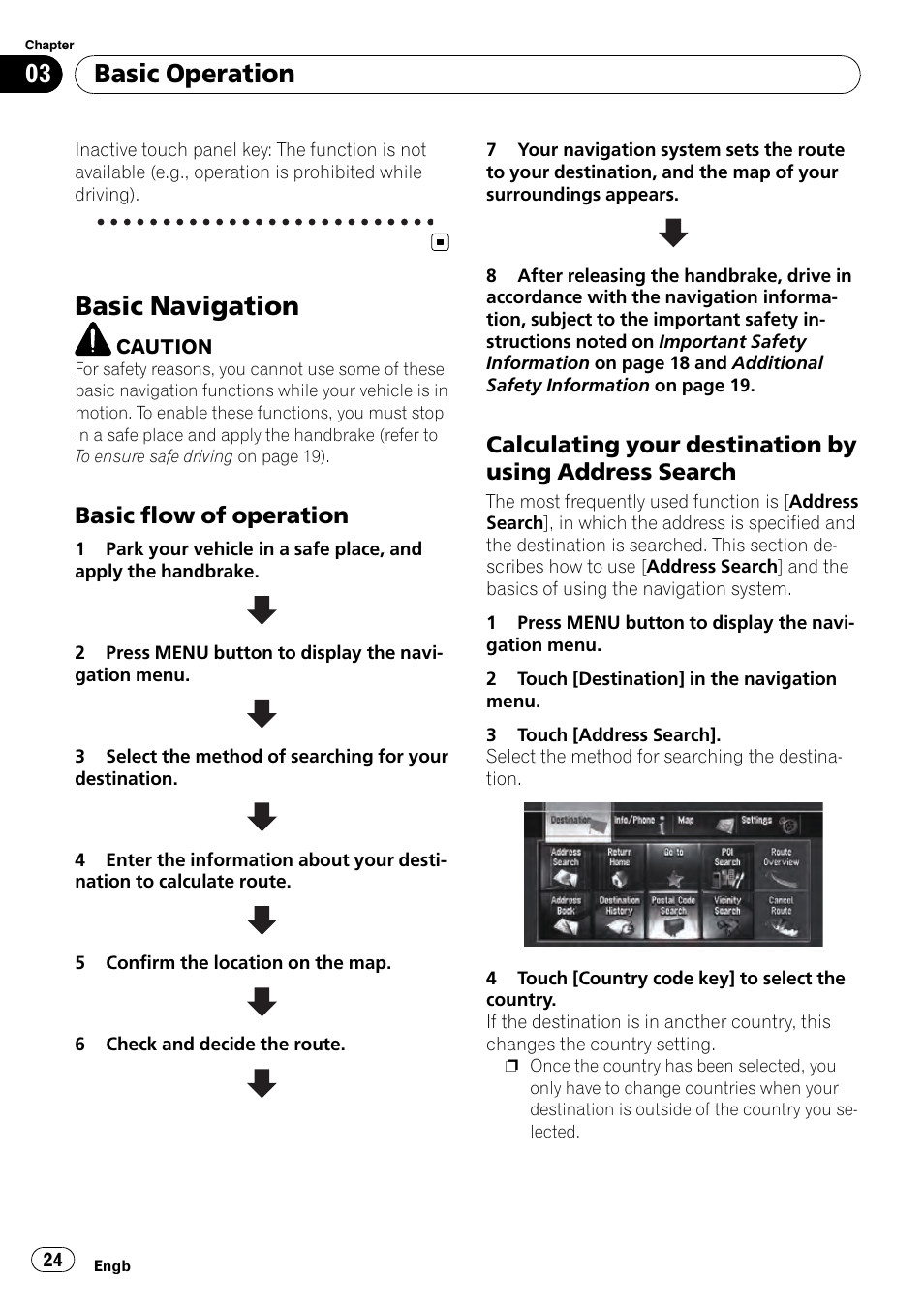 Basic navigation, Basic flow of operation 24, Calculating your destination by using | Address search, Basic operation, Basic flow of operation | Pioneer AVIC-HD3-II User Manual | Page 24 / 193
