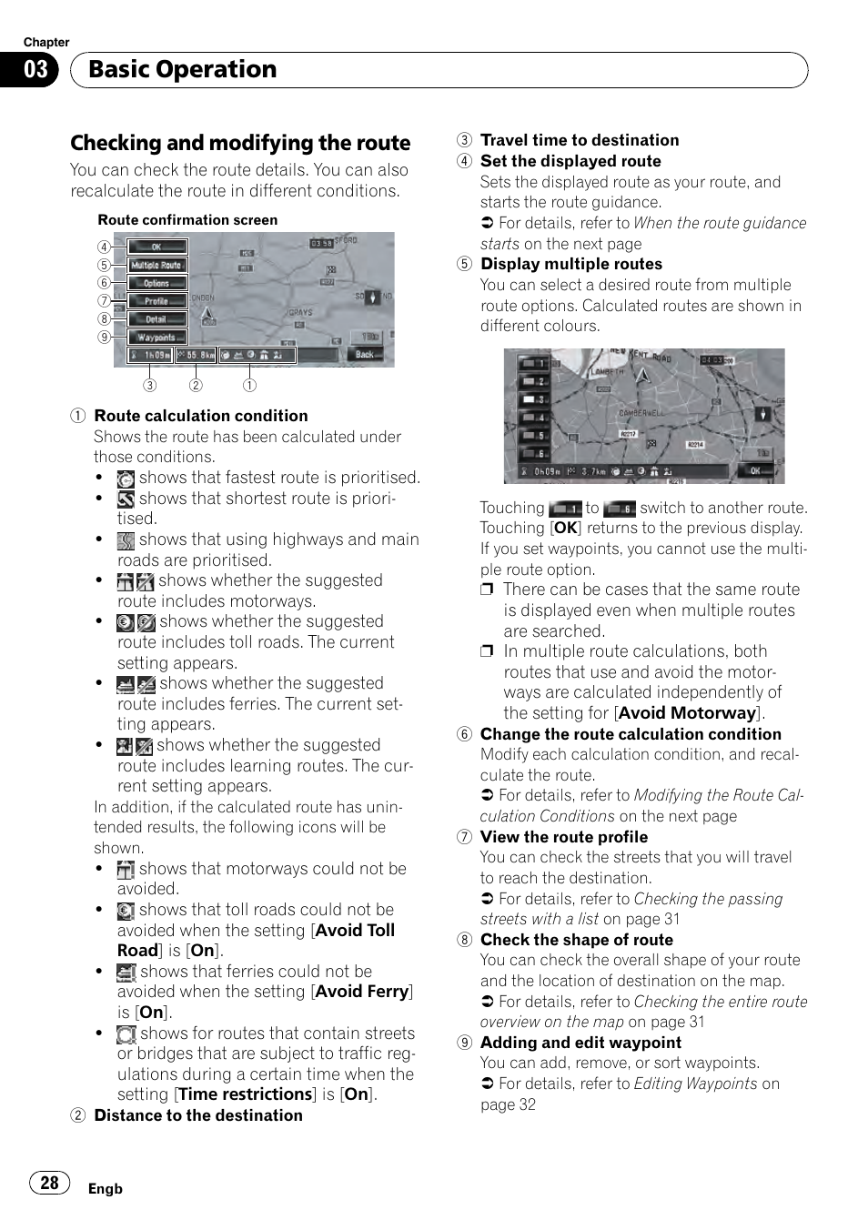 Checking and modifying the route 28, Basic operation, Checking and modifying the route | Pioneer AVIC-HD3-II User Manual | Page 28 / 193