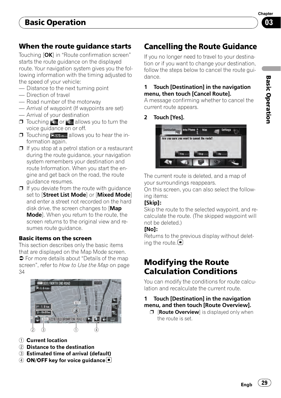 When the route guidance starts 29, Cancelling the route guidance, Modifying the route calculation | Conditions, Modifying the route calculation conditions, Basic operation, When the route guidance starts | Pioneer AVIC-HD3-II User Manual | Page 29 / 193