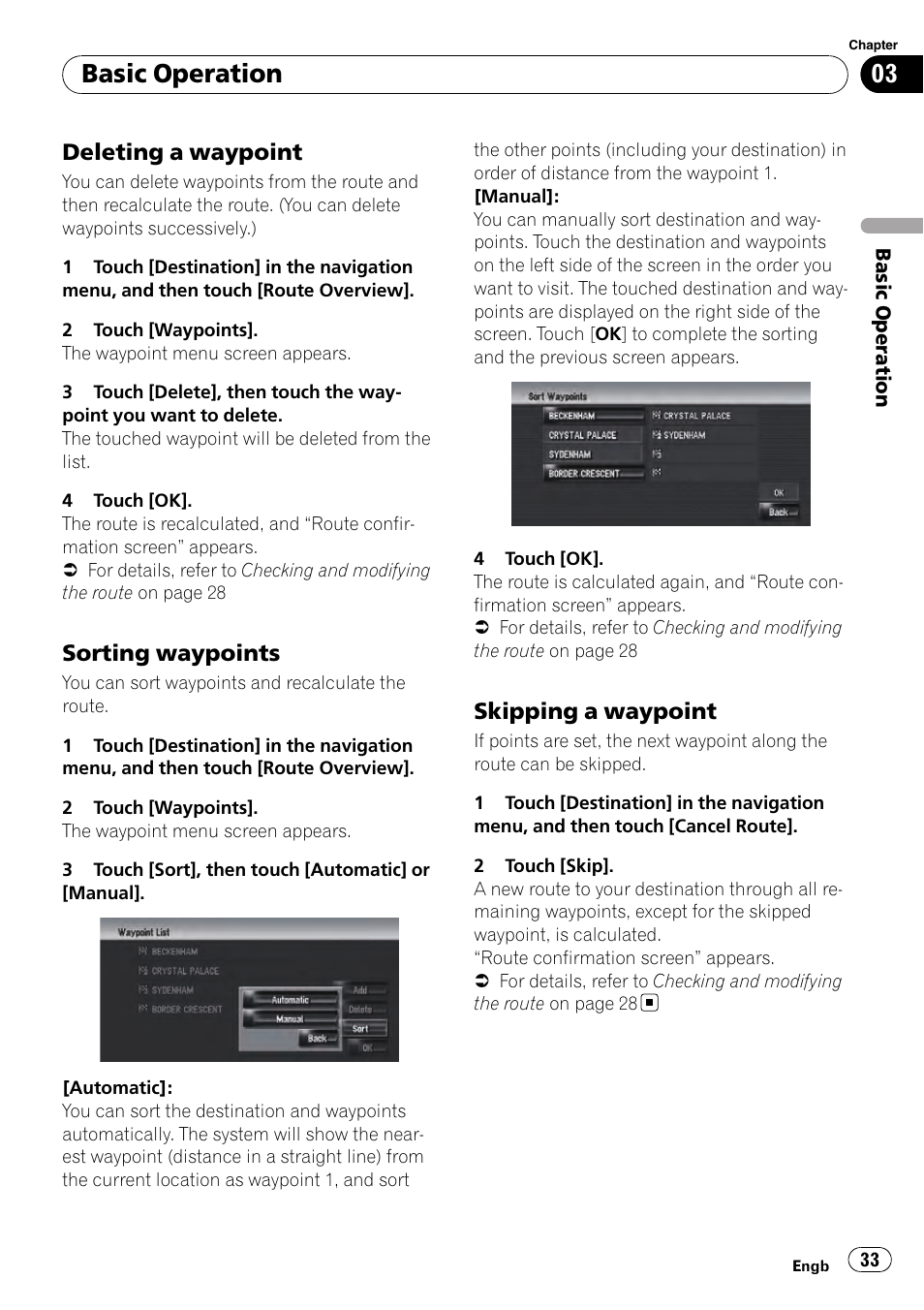 Deleting a waypoint 33, Sorting waypoints 33, Skipping a waypoint 33 | Basic operation, Deleting a waypoint, Sorting waypoints, Skipping a waypoint | Pioneer AVIC-HD3-II User Manual | Page 33 / 193