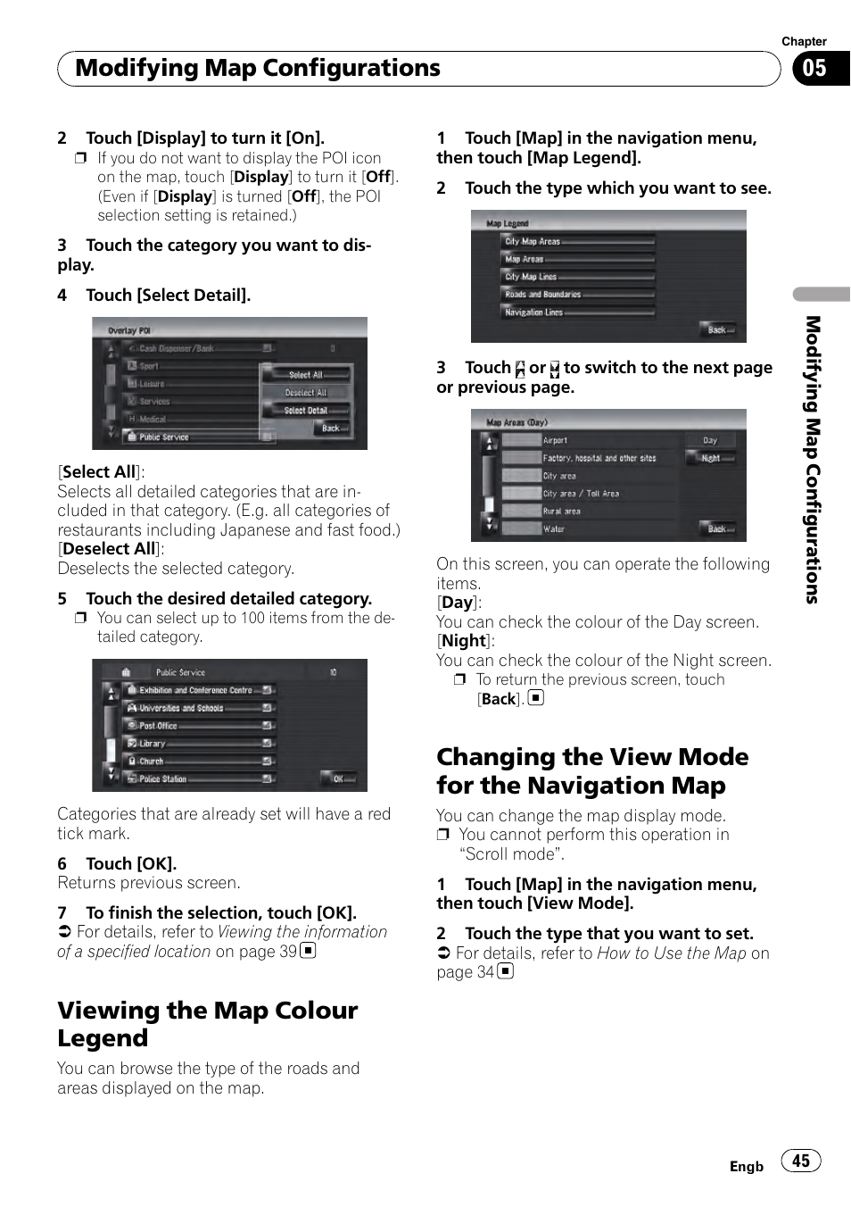 Viewing the map colour legend, Changing the view mode for the navigation, Setting the map colour change between day | And night, Changing the view mode for the navigation map, Modifying map configurations | Pioneer AVIC-HD3-II User Manual | Page 45 / 193