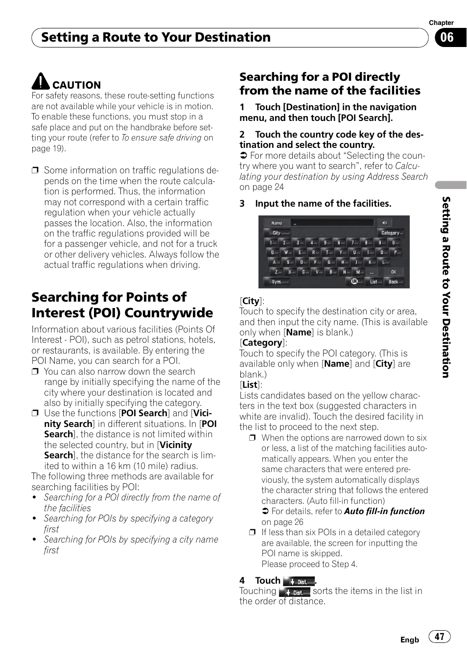 Countrywide, Searching for a poi directly from the, Name of the facilities | Chapter 6, Searching for points of interest (poi) countrywide, Setting a route to your destination | Pioneer AVIC-HD3-II User Manual | Page 47 / 193