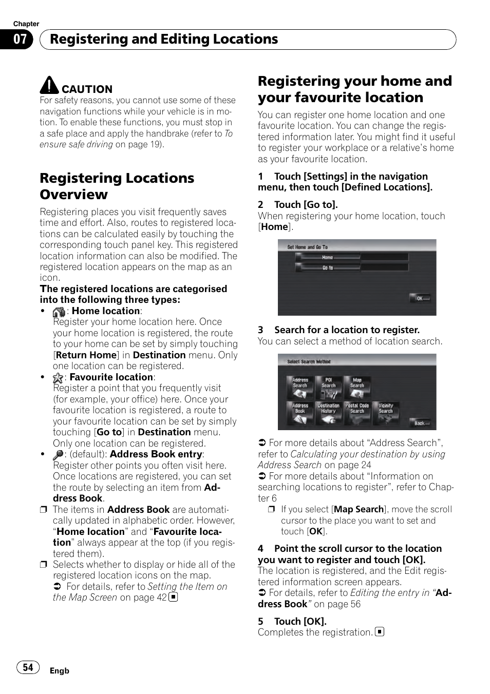 Registering your home and your favourite, Location, Registering locations overview | Registering your home and your favourite location, Registering and editing locations | Pioneer AVIC-HD3-II User Manual | Page 54 / 193