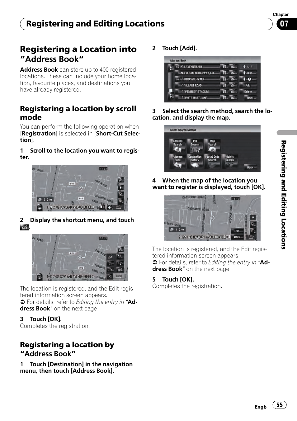 Registering a location into, Address, Book | Registering a location by scroll, Mode, Registering a location by “address, Registering a location into “address book, Registering and editing locations | Pioneer AVIC-HD3-II User Manual | Page 55 / 193