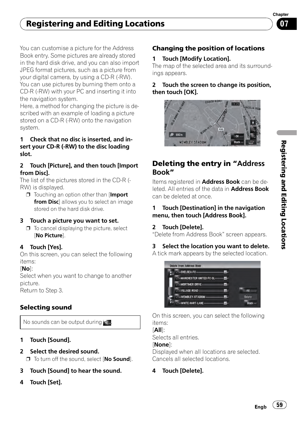 Deleting the entry in “address, Book, Deleting the entry in | Registering and editing locations, Deleting the entry in “address book | Pioneer AVIC-HD3-II User Manual | Page 59 / 193