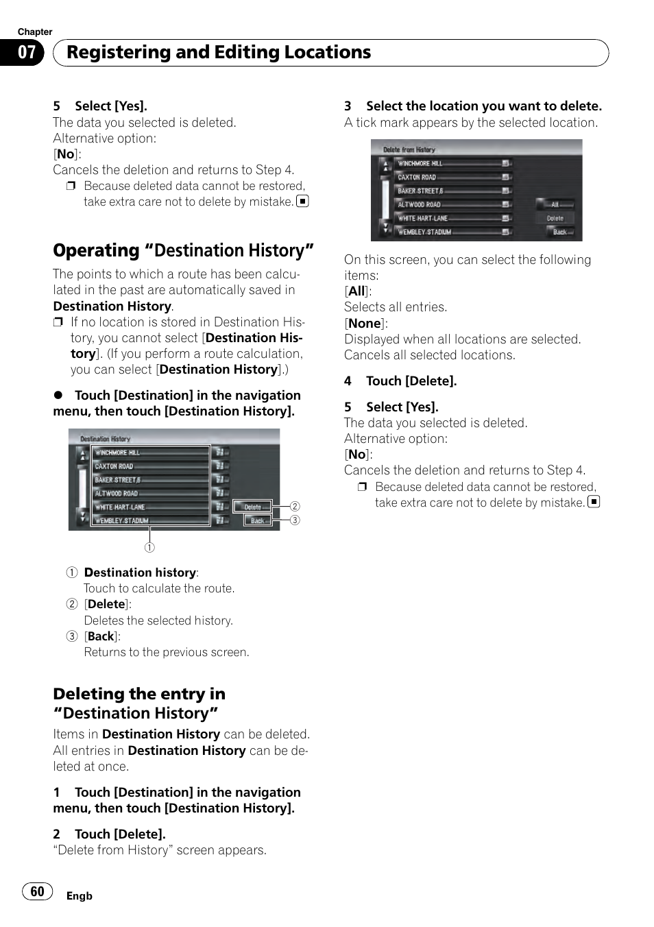 Operating, Destination history” 60, Deleting the entry in “destination | History, Operating “destina, Tion history, Operating “destination history, Registering and editing locations, Deleting the entry in “destination history | Pioneer AVIC-HD3-II User Manual | Page 60 / 193