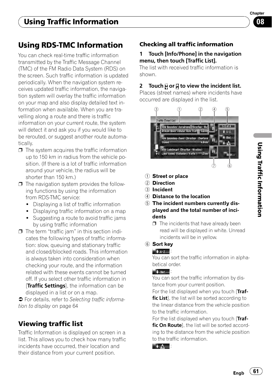 Viewing traffic list 61, Using rds-tmc information, Using traffic information | Viewing traffic list | Pioneer AVIC-HD3-II User Manual | Page 61 / 193